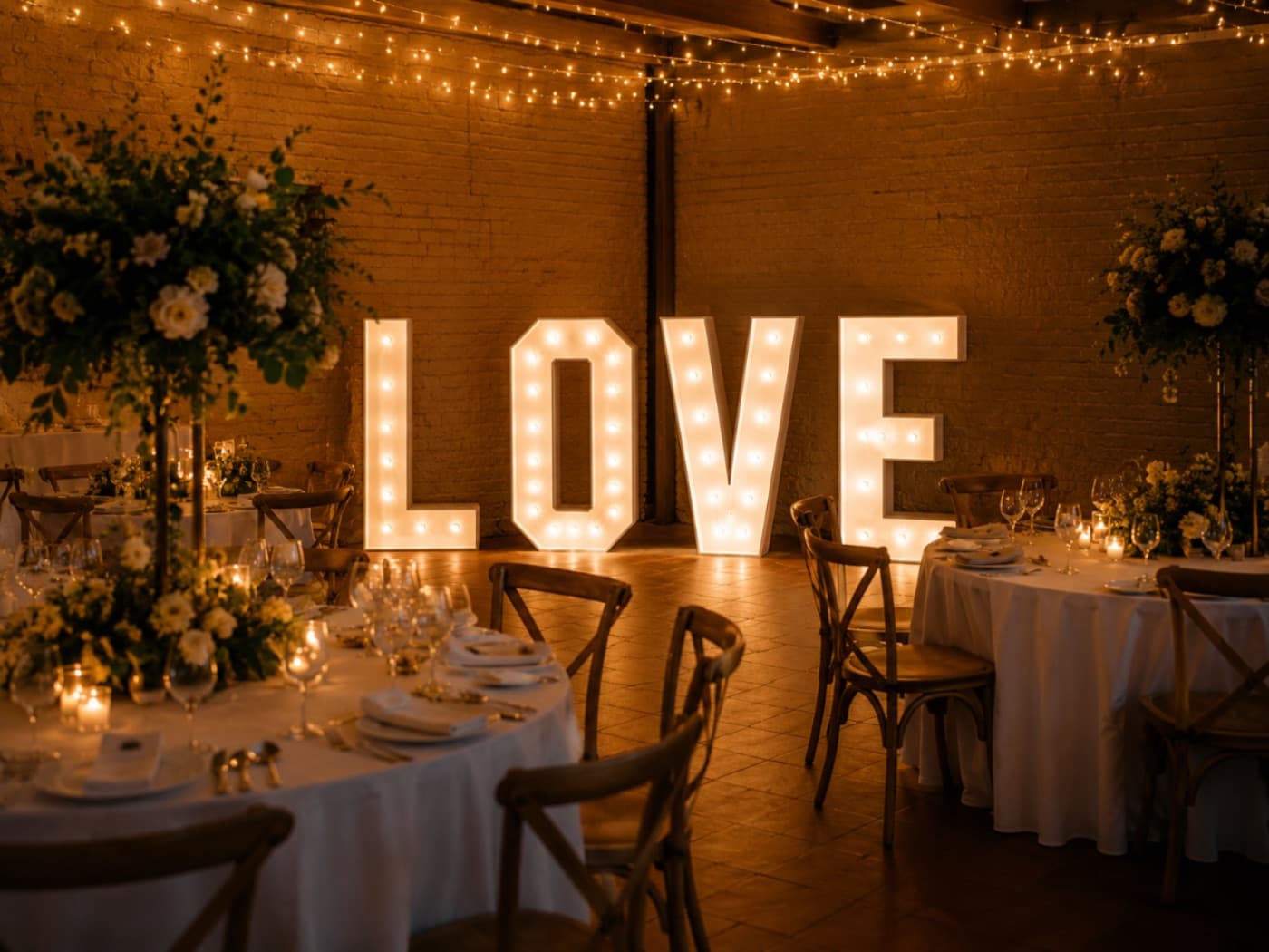 LOVE-Buchstaben warm beleuchtet bei einem klassischen Dinner
